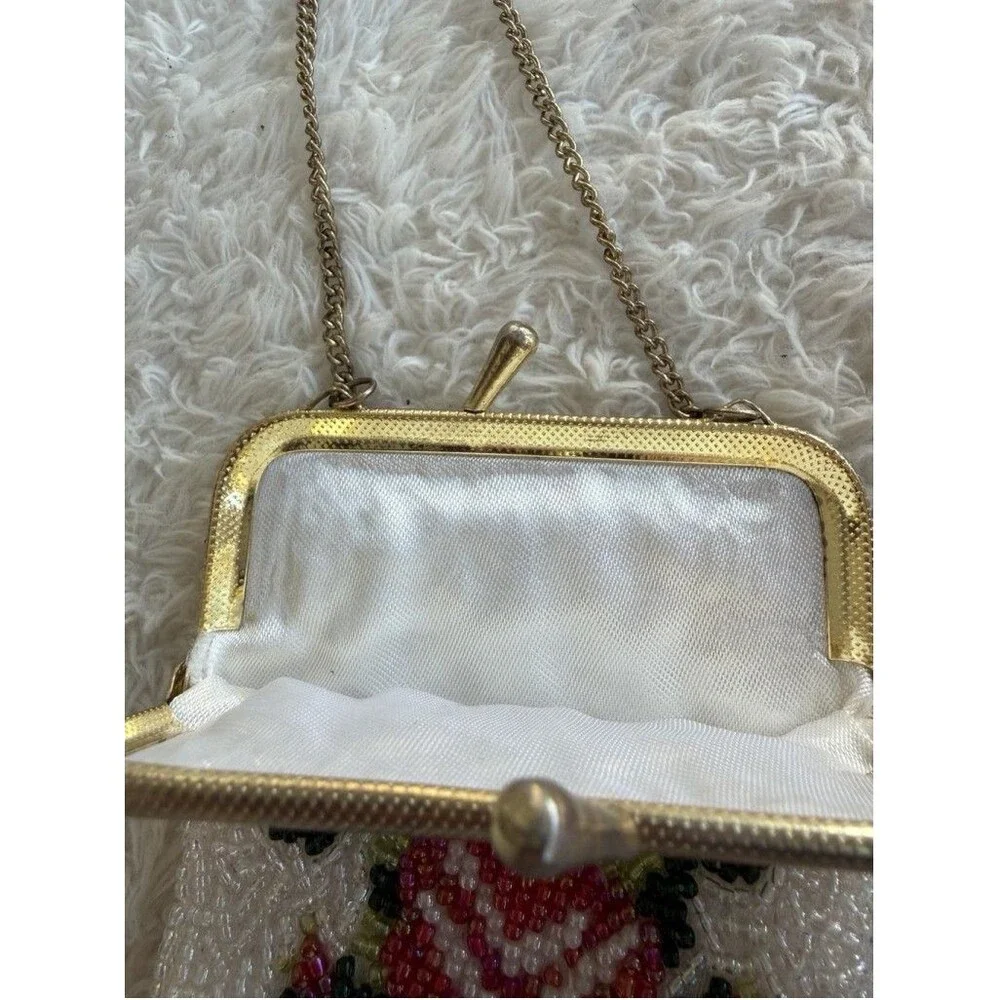 Vintage Floral Hand Beaded Fringe Chain Strap Tiny Seed Evening Purse Flapper